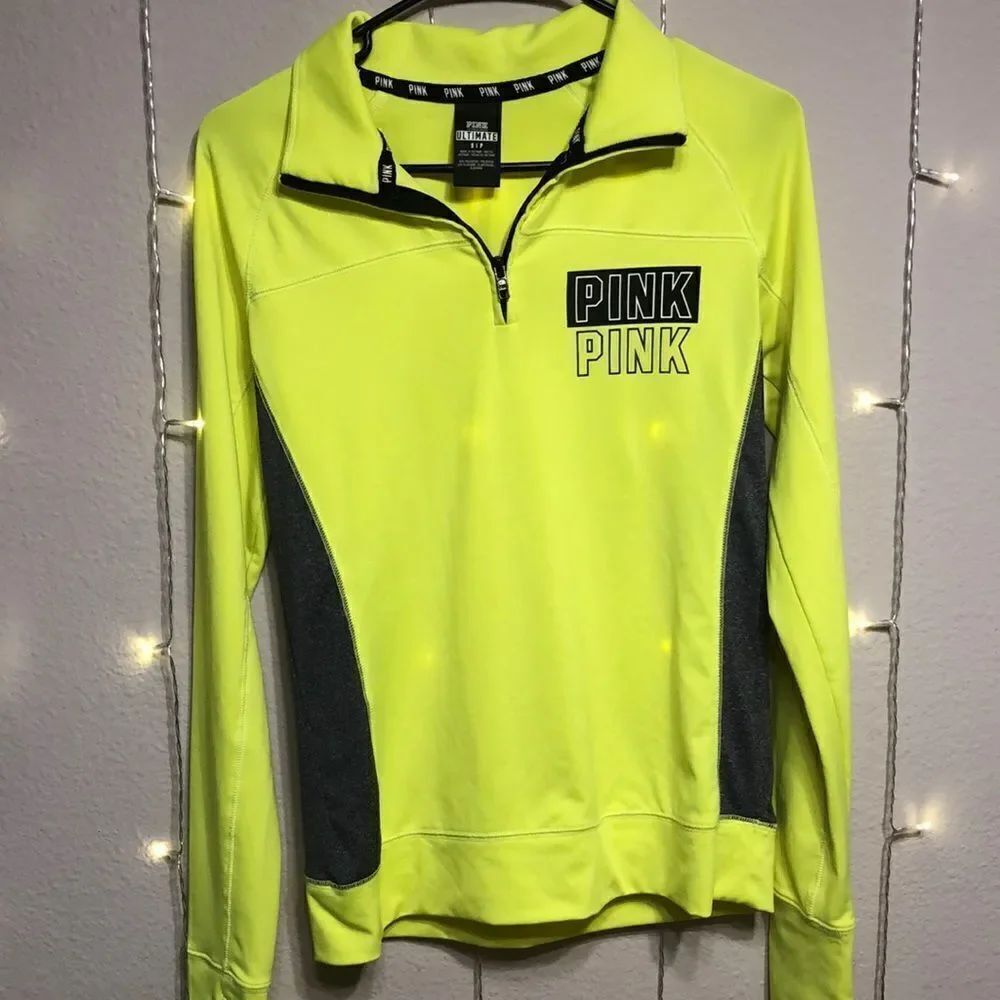 PINK Ultimate Long Sleeved Neon Yelllow 1/4 Zip, pullover, Shirt